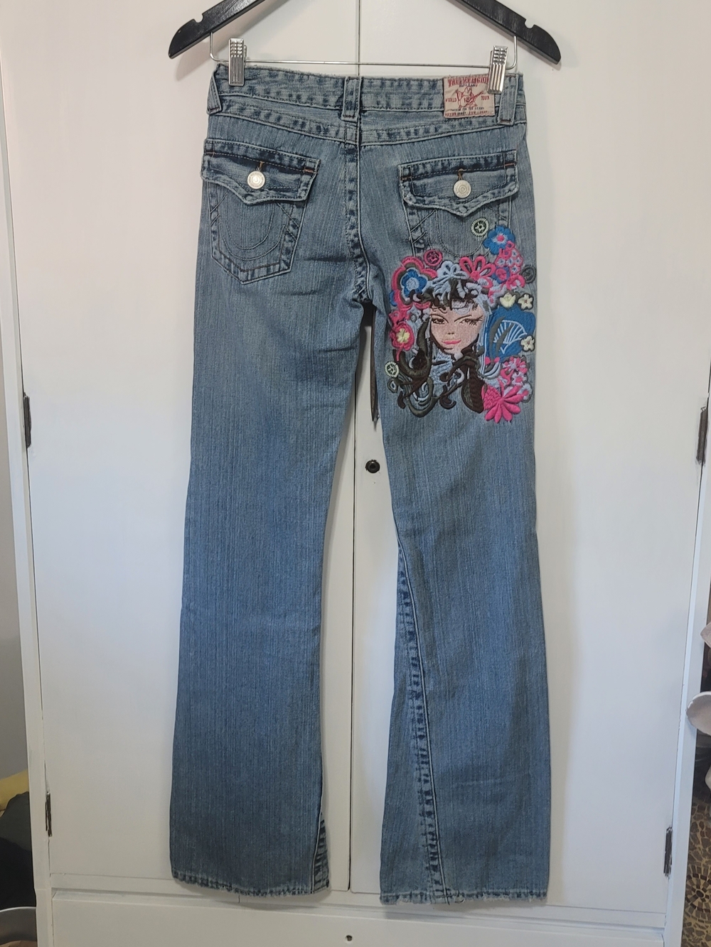 True Religion Light Blue Flare Jeans with Floral Face Embroidery